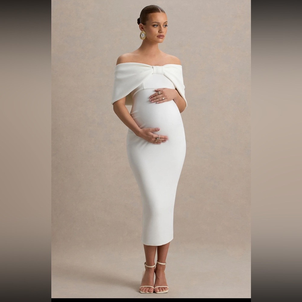 Club L London Droplet | White Bow Bardot Maternity
Midi Dress
